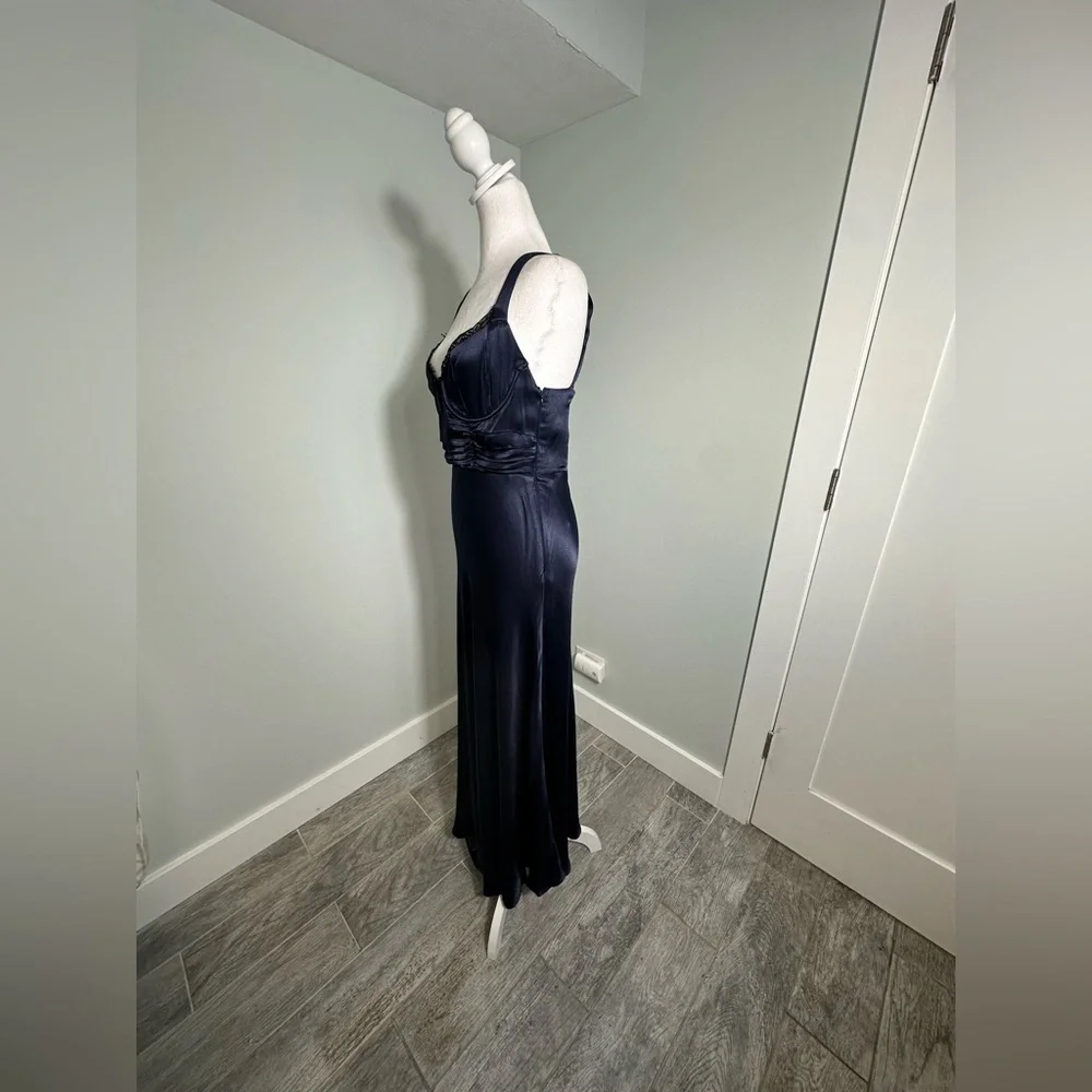 NEW Astr Aeris Satin Lace Trim Maxi Dress Navy Sz Medium Bustier Corset Feminine - Picture 6 of 17